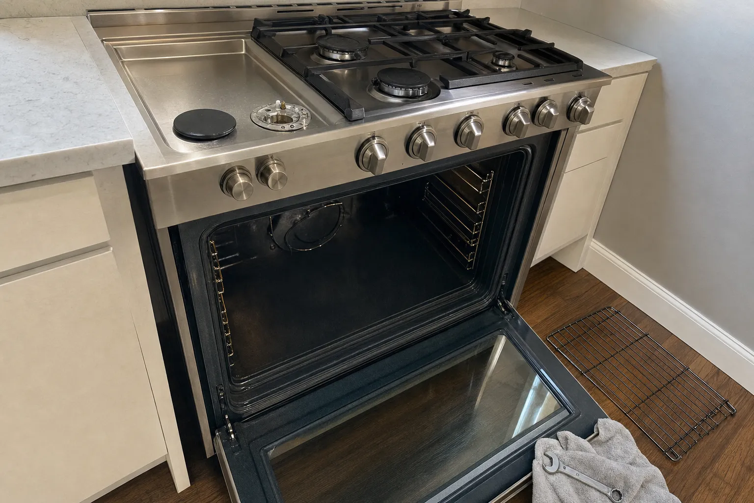Stainless gas range with the oven door open and one cooktop burner uncapped, rack and wrench set aside