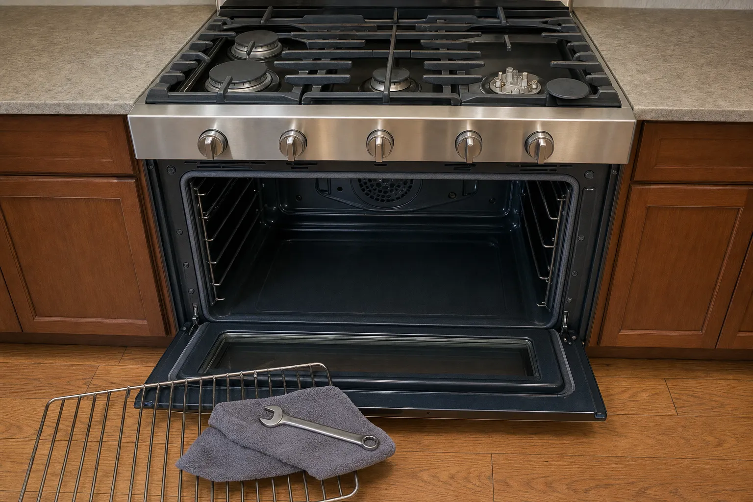 Gas range with the oven door lowered, showing the empty cavity, rear convection cover and an uncapped burner