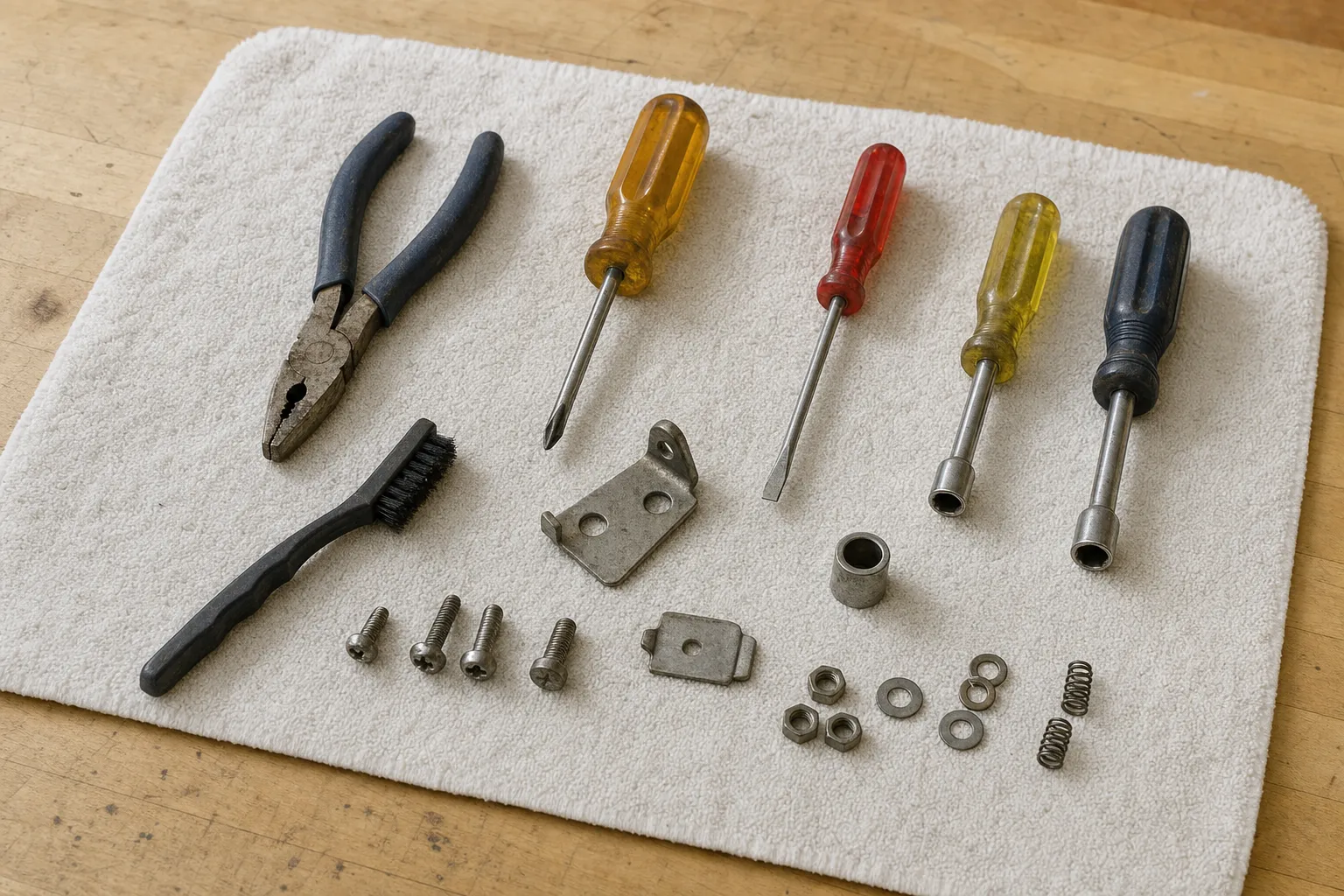 Pliers, two screwdrivers and two nut drivers on a white mat with an angle bracket, a spacer, screws, nuts and two small springs