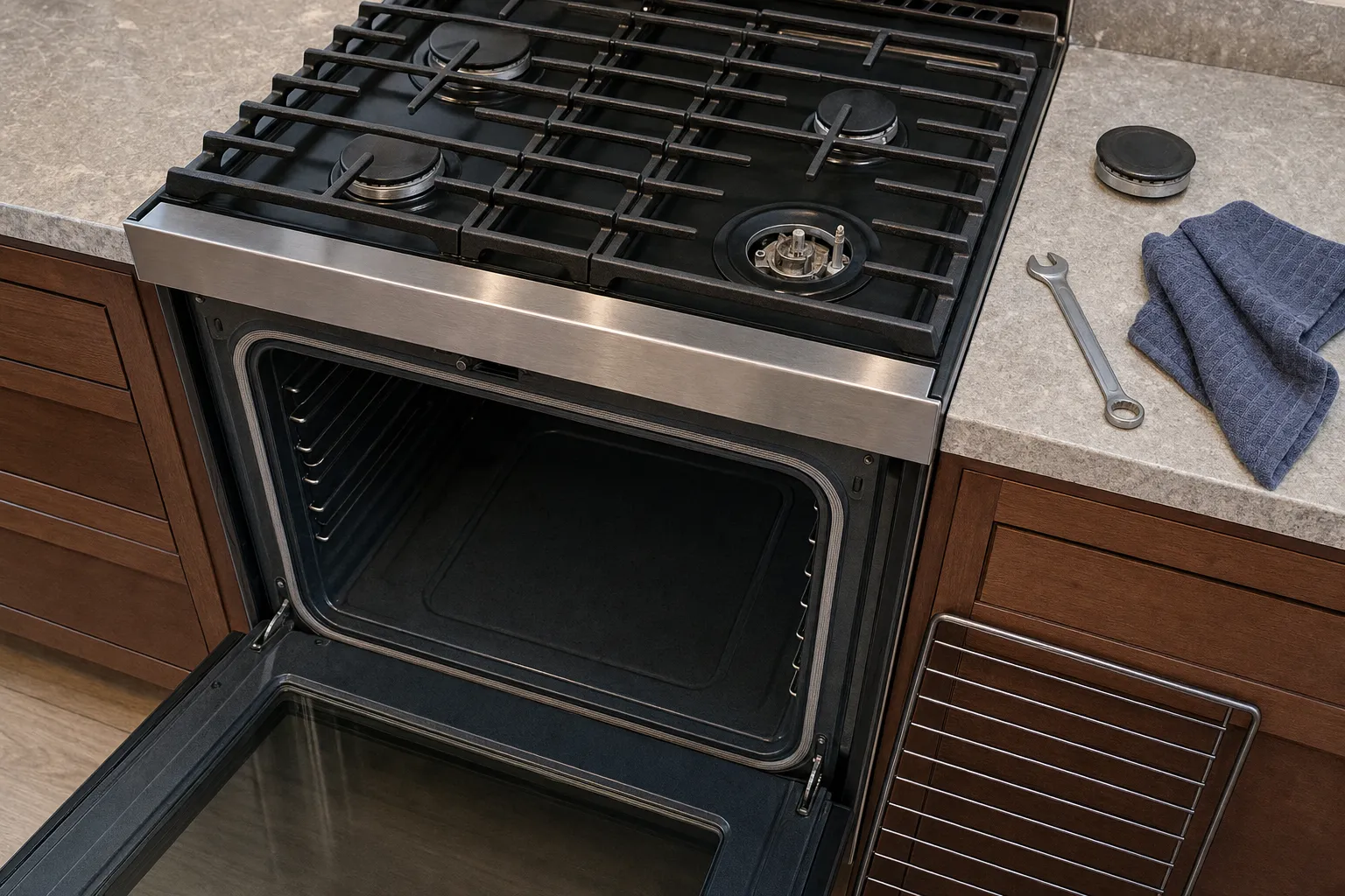 Cast grates over a gas cooktop with one burner uncapped, the oven door open below and a wrench and blue cloth on the counter