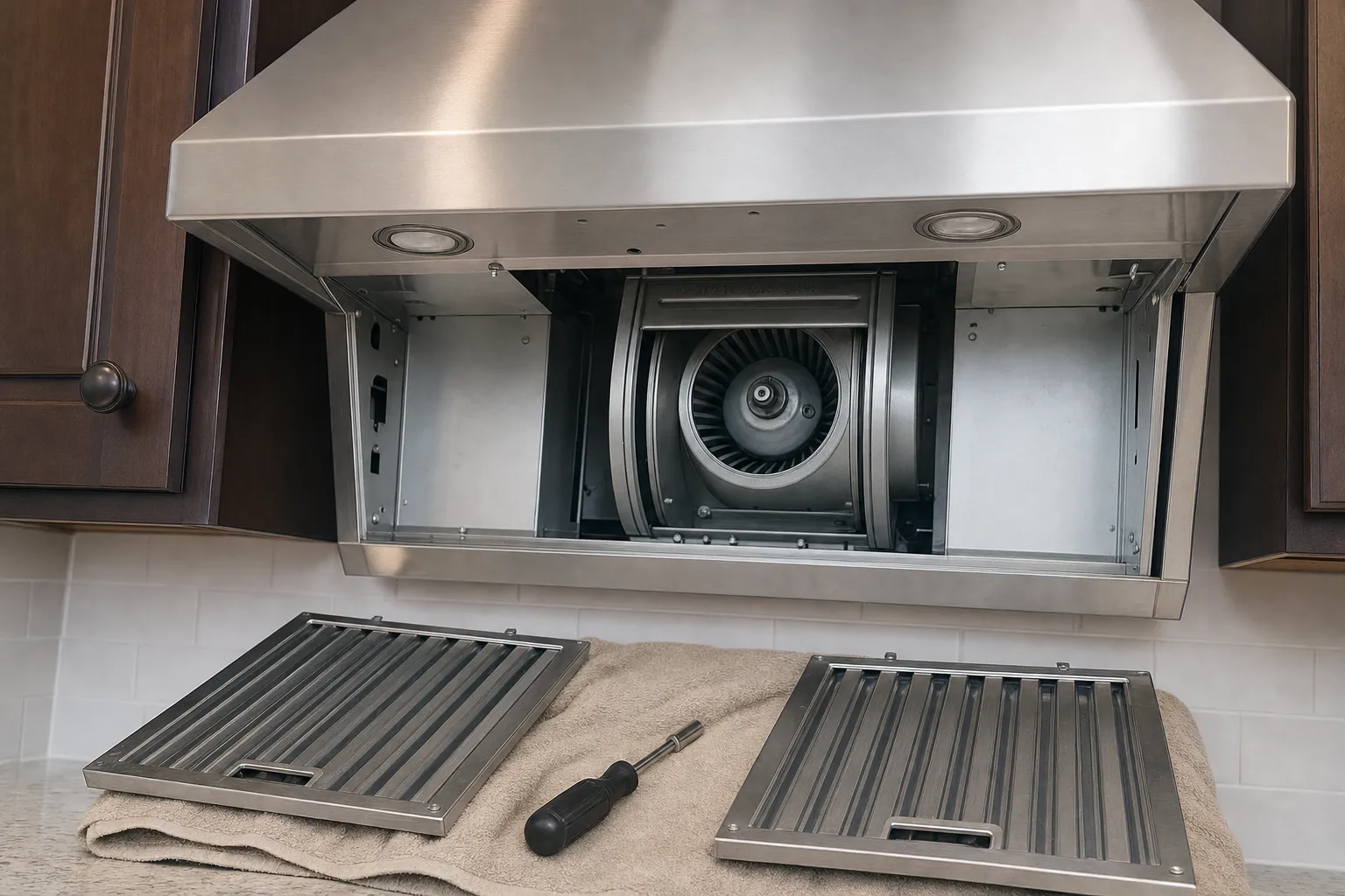 Stainless under-cabinet hood with its filters out, the round blower housing and two underside lights exposed, two baffle filters and a screwdriver on a towel below